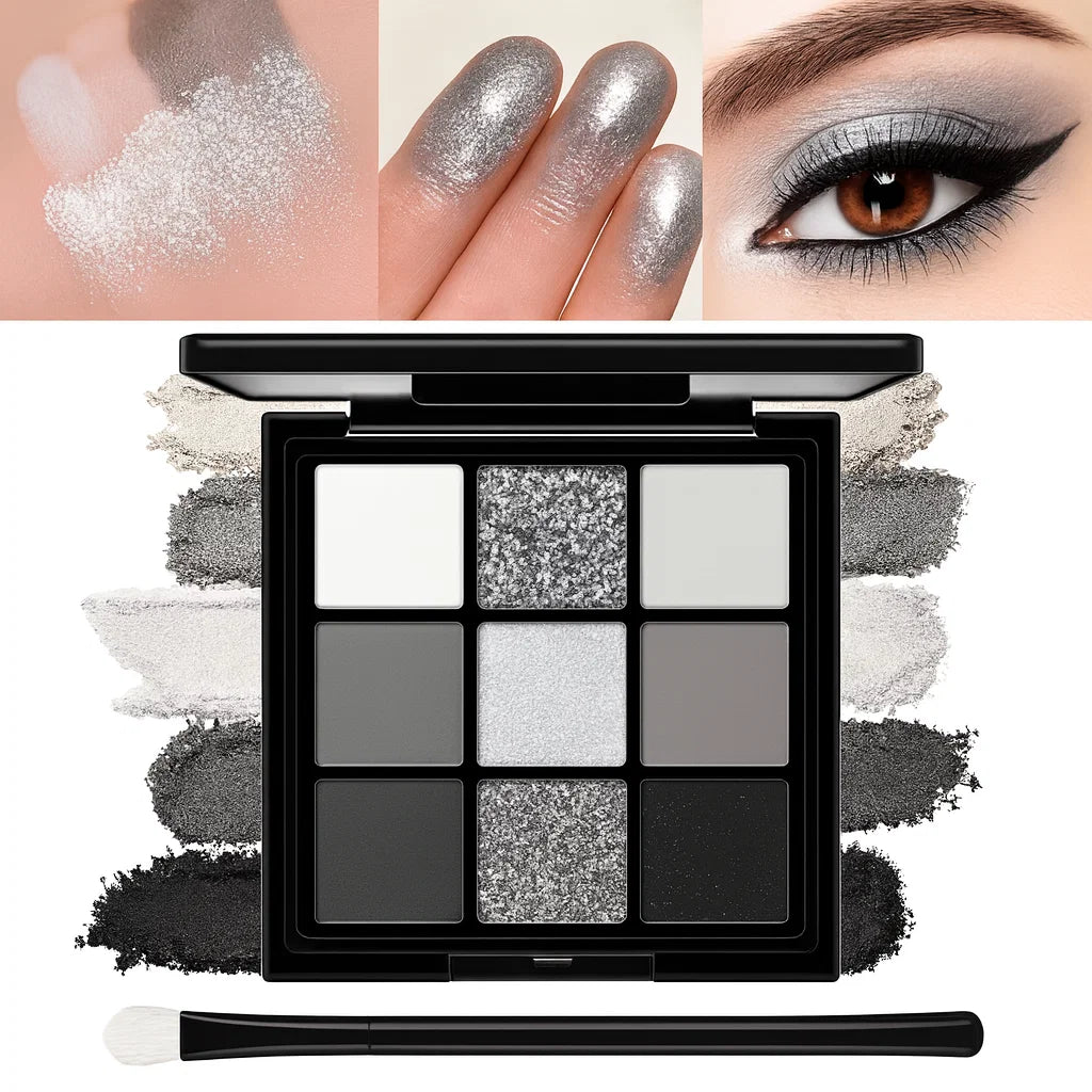 Midnight Silver Glam Palette – 9-Shade Metallic & Smokey Eyeshadow Collection